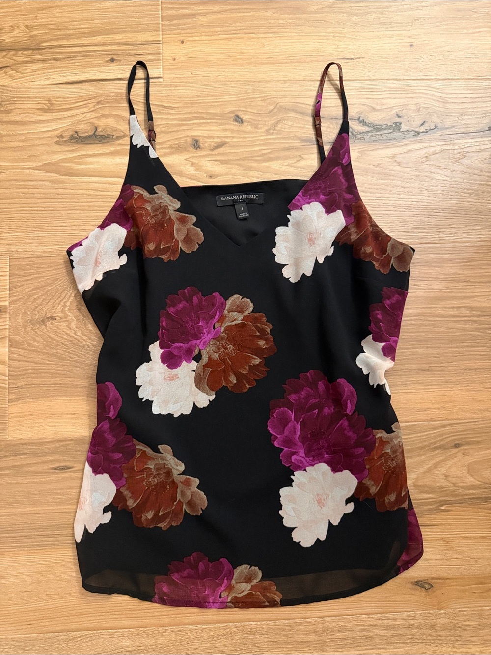 Banana Republic Black Floral Silk-Feel Cami with Magenta & Brown Blooms